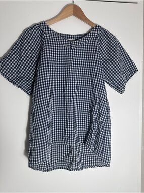 Blue Gingham Short Sleeve Linen Blend Women's Blouse